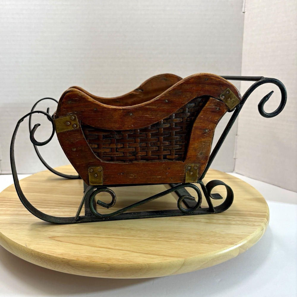 Wood Wicker & Metal Sleigh Storage Basket Small Brown/Black Handle Christmas